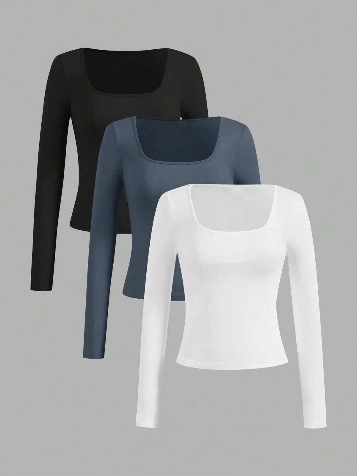 3 pieces Women's Long Sleeved U-neck T-Shirt Tops Solid Color soft Street Spicy Girl Casual Autumn Tight Fitting