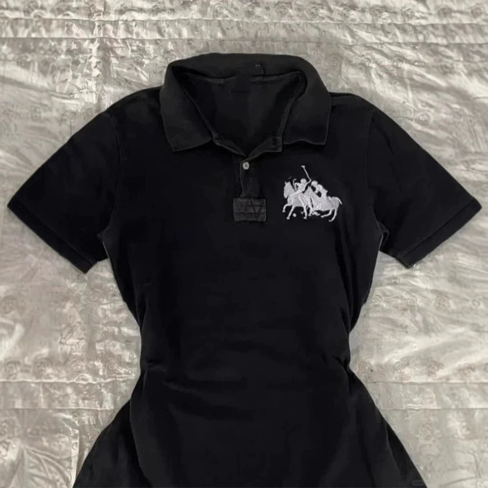 Women's Summer Slim Fit Polo Shirt Short Sleeve Embroidered Pattern Versatile Street Trend Minimalist Top