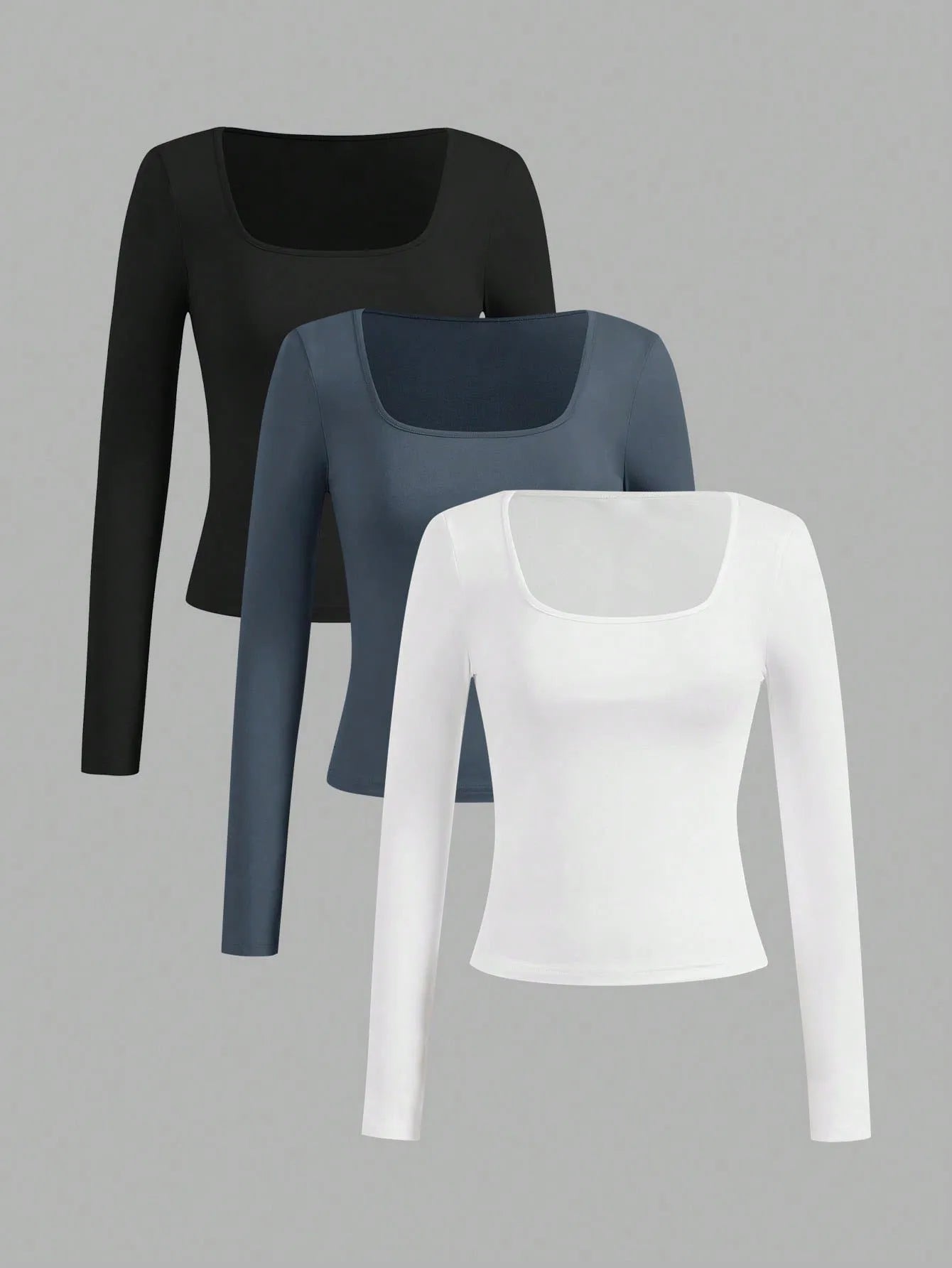 3 pieces Women's Long Sleeved U-neck T-Shirt Tops Solid Color soft Street Spicy Girl Casual Autumn Tight Fitting