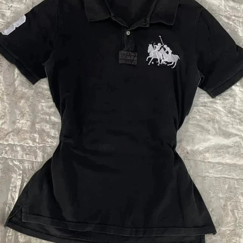 Women's Summer Slim Fit Polo Shirt Short Sleeve Embroidered Pattern Versatile Street Trend Minimalist Top