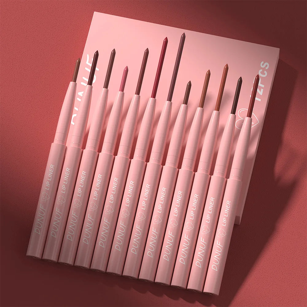 DUNUF 12 Pcs Durable Waterproof Lip Liner Matte Durable Easy To Color Non-Stick Cup No Fading No Beginner Friendly Exquisite Gif