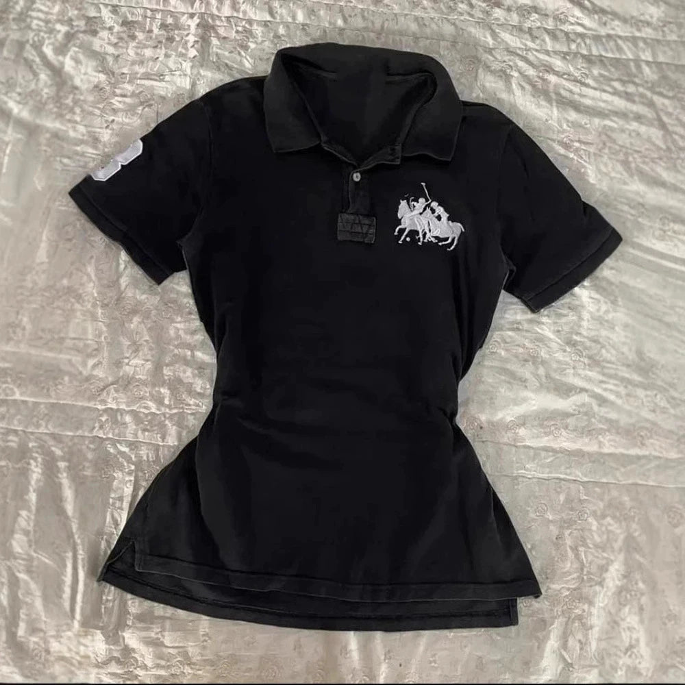 Women's Summer Slim Fit Polo Shirt Short Sleeve Embroidered Pattern Versatile Street Trend Minimalist Top