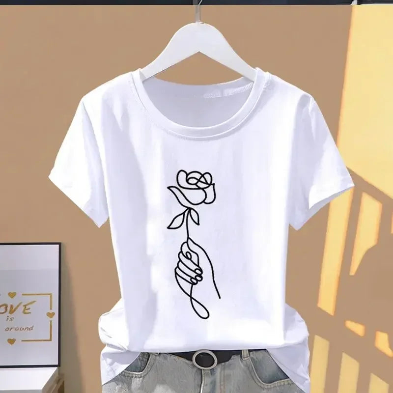 90s Y2k Women Print Floral Sports Fashion Casual Explosive Short Sleeve T-shirt Graphic Tshirts  Women Clothes  T Shirt
